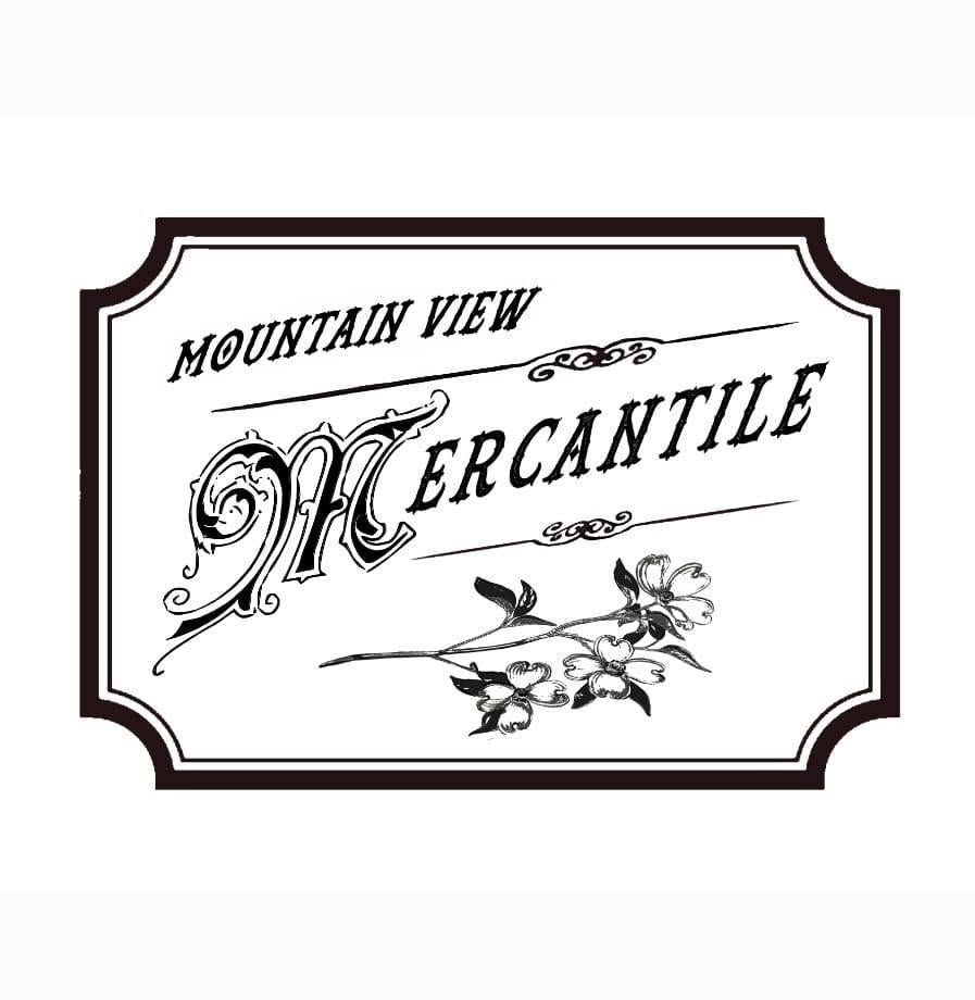 Mountain View Mercantile logo, an ornate badge with a dogwood branch